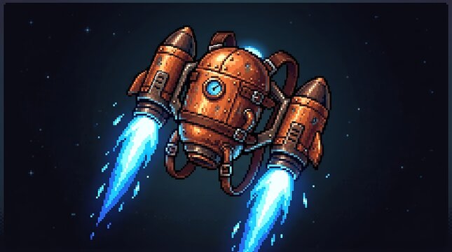 Detailed copper steampunk jetpack flying through the dark night sky