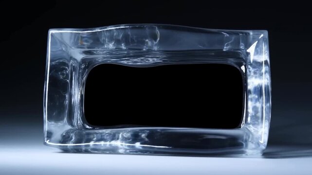 Slow motion closeup of rectangular glass container sloshing water on tabletop with black studio background and directional lighting