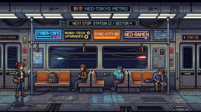 People sitting inside a futuristic pixel art subway train carriage