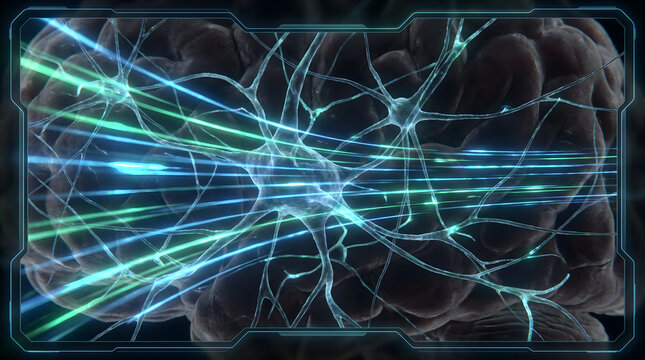 Laser stimulation of brain neuron cells. Optogenetics interface and neurological treatment. Advanced neurobiology and medical technology concept