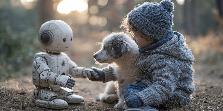 kid playing with robot and dog