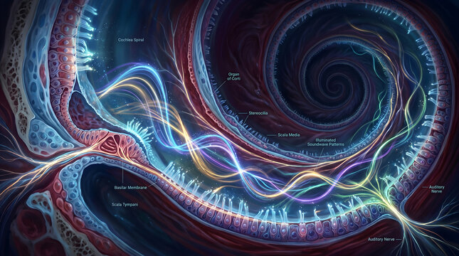 Inner ear cochlea spiral structure diagram. Soundwave pattern conversion to auditory nerve signals. Otolaryngology and hearing science illustration