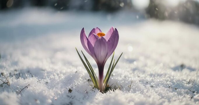 Glowing Amethyst Crocus Pushing Through Snow in Pale Winter Sun