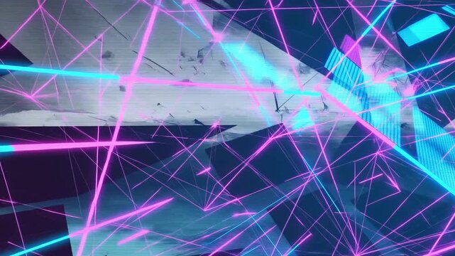 Tracking shot of abstract neon shards and glitching lines slicing across virtual cyber background with magenta and cyan light in digital space
