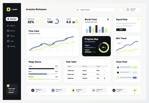 Analytics Workspace Dashboard UI Vector. Modern SaaS analytics workspace with KPI cards, flow index chart, progress map, data table, stage queue, mini trend, sidebar navigation and clean feed. Vector