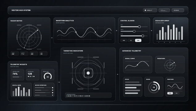 Futuristic HUD System Dashboard UI Vector. Futuristic dark HUD dashboard with radar, waveform analytics, telemetry widgets, targeting indicators, sliders and equalizer panels. Vector HUD, UI