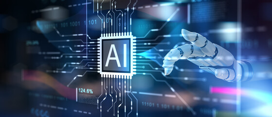 Fototapeta premium Advanced AI Processor Technology with Robotic Hand and Digital Neural Circuit Visualization.
