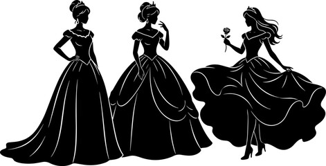 Group of elegant princesses in royal ball gowns, black silhouettes isolated on a white background, vector illustration for image_57b281.png. © MostAnzuara