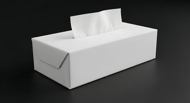 Isolated white rectangular tissue box with soft paper sheet pulling out on dark surface for hygiene and health care marketing