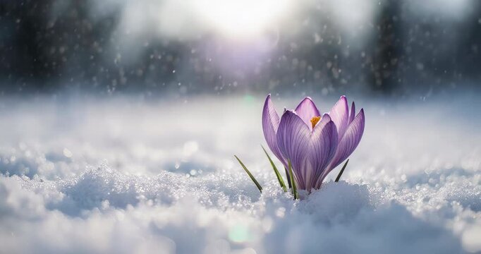 Glowing Amethyst Crocus Pushing Through Snow in Pale Winter Sun
