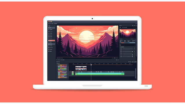 Professional Video Editing Workspace white laptop mockup displaying creative software with mountain landscape illustration on a coral background ideal for digital marketing and content creation.