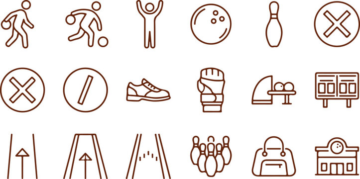 Bowling icons set outline symbols for sport and leisure activities in outline style.