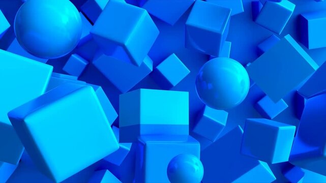 Tracking slow motion shot of blue cubes and spheres floating and rotating in abstract virtual studio space with glossy reflective surfaces