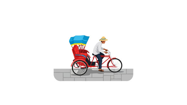 Indonesian cycle rickshaw becak driver riding on street illustration