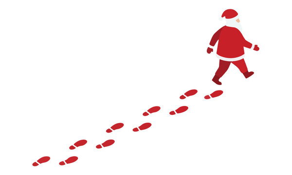 Santa Claus walking and leaving red footprints on white background