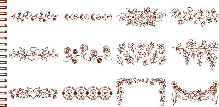 Decorative floral borders and dividers vintage brown outline on transparent background.