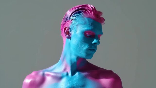Static shot of male model turning head with pink and blue body paint posing on gray studio backdrop with slight movement and portrait framing