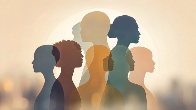 overlapping. Symbolic unity concept with overlapping silhouettes and a soft ambient glow in minimalist style. wellbeing guides, coaching materials, designed for coaching and self-improvement content.