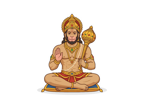 Lord Hanuman sitting with gada mace and blessing hand gesture