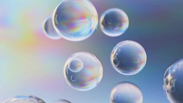 Slow motion close up of iridescent soap bubbles floating and drifting against soft pastel gradient background in studio