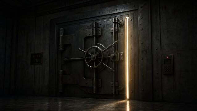 impregnable. A massive steel vault door with a narrow slit of light escaping from the seam in a dark room. real-estate listings.
