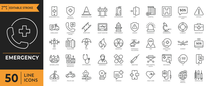 Emergency outline icon set.