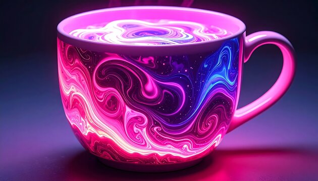 Glowing Neon Coffee Cup with Abstract Swirling Patterns on Dark Background