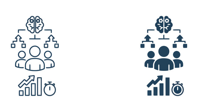 Business team brain storming analysis and performance tracking icon set for corporate management and project development strategy