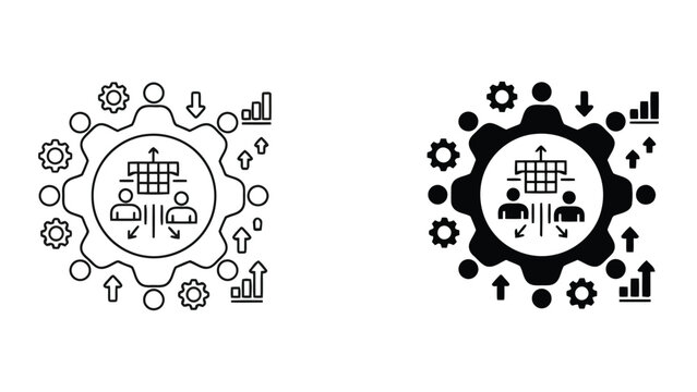 Corporate strategic alignment and team gear optimization icons representing organizational structure and performance metrics in flat and linear graphic design styles