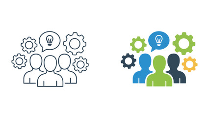 Creative brainstorming and team idea generation icons with lightbulb and gear symbols for innovation and problem solving concepts in flat and linear graphic design styles © SAIJID