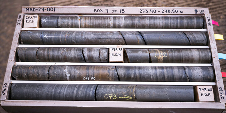 Mineral exploration drill cores in wooden core box