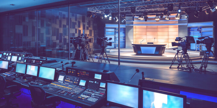News studio production equipment control room desk