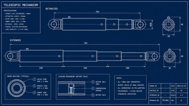 telescopic. Technical illustration of a telescopic mechanism showing retracted and extended states. STEM education sheets.