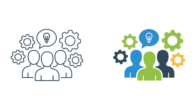 Creative brainstorming and team idea generation icons with lightbulb and gear symbols for innovation and problem solving concepts in flat and linear graphic design styles