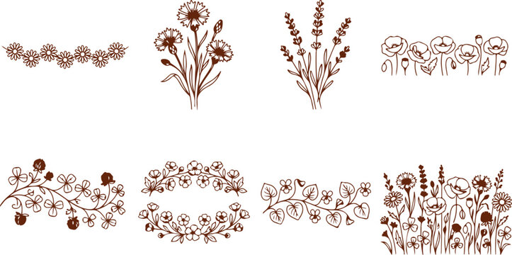 Floral border designs and bouquets of wildflowers and herbs for decoration and nature themes.