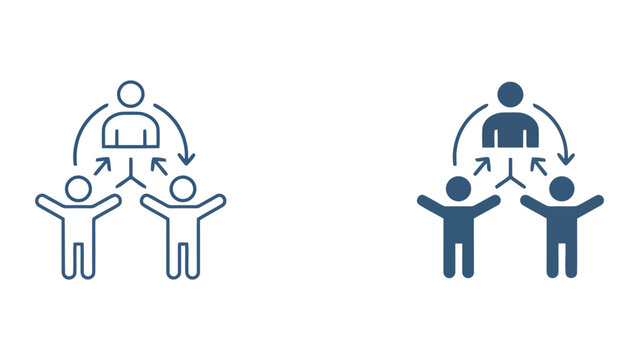 Leader figure with two team members and circular arrows in flat and line vector illustration style