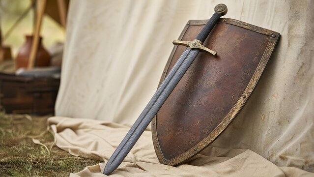 longsword. A meticulously crafted foam longsword leans against an antiqued leather shield on a tent canvas. safety posters.
