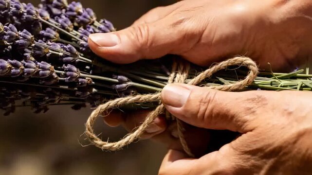 Left hand holding lavender bundle while right hand tying jute twine into neat bow at workspace