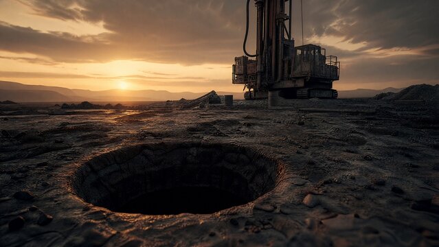 borehole. Desolate exploration site at dusk with dark borehole and drill rig, dramatic low-angle lighting. safety posters.