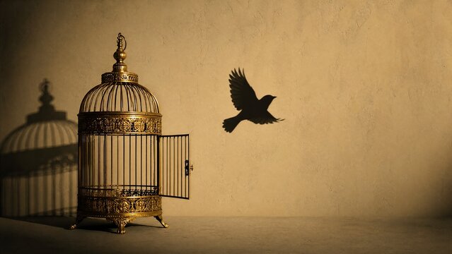 entrapment. Bird silhouette flying from gilded cage against monochrome wall. wildlife magazines, conservation campaigns, designed for wildlife conservation campaigns, used by real estate agents.