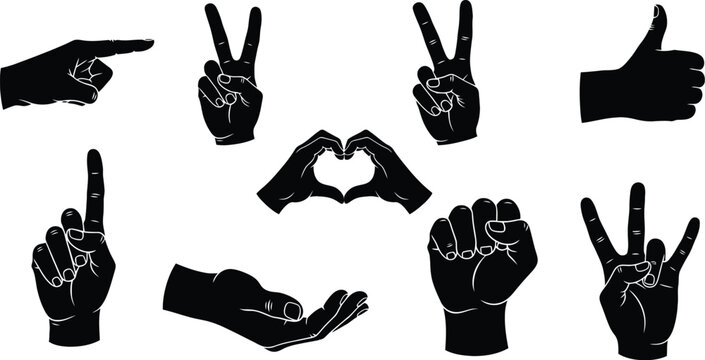 Hand gestures silhouette collection pointing peace thumbs up and more