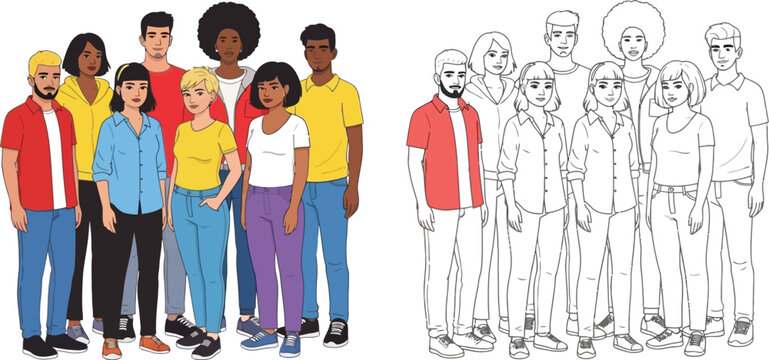 Diverse group of young adults illustration with color and silhouette versions
