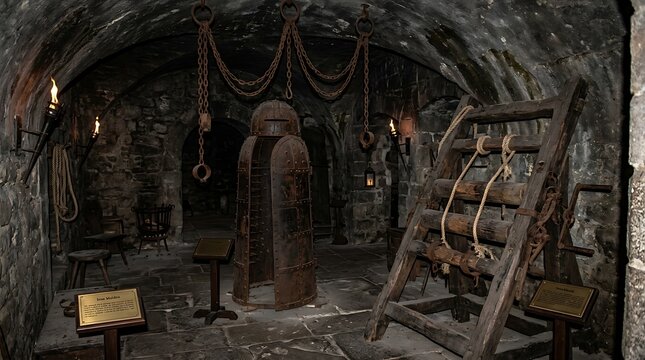 Ancient iron maiden torture device displayed in a dark stone dungeon