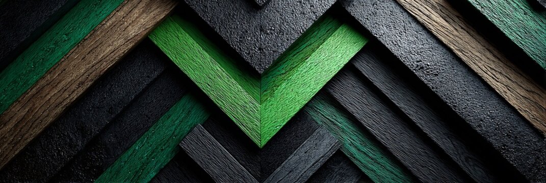 Geometric timber wall paneling featuring green and black wooden planks in a chevron pattern for modern architectural interior design and rustic decorative surfaces.