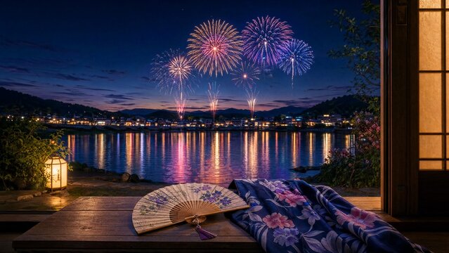 yukata. Folded fan and yukata sleeve on doorstep with fireworks over Sumida River, Tokyo summer celebration. event programs, museum guides, designed for cultural heritage projects and event programs.