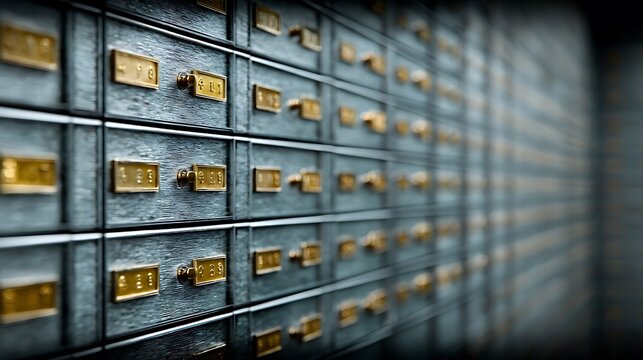 Bank safe deposit boxes with gold numbered plates in a private vault facility for storing valuable assets and confidential documents in a high security environment