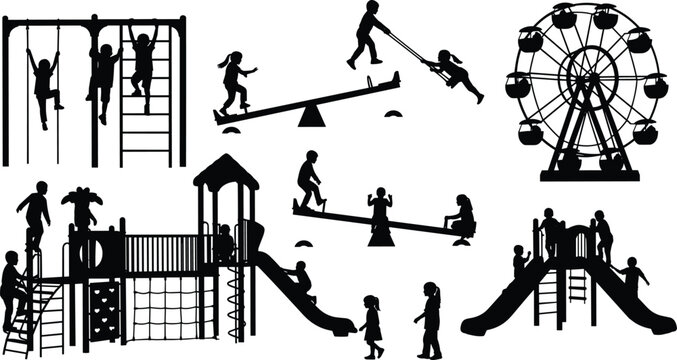WebChildren playing on playground vector silhouettes set with slides, swings, see saw, monkey bars, and ferris wheel icons isolated on white background.