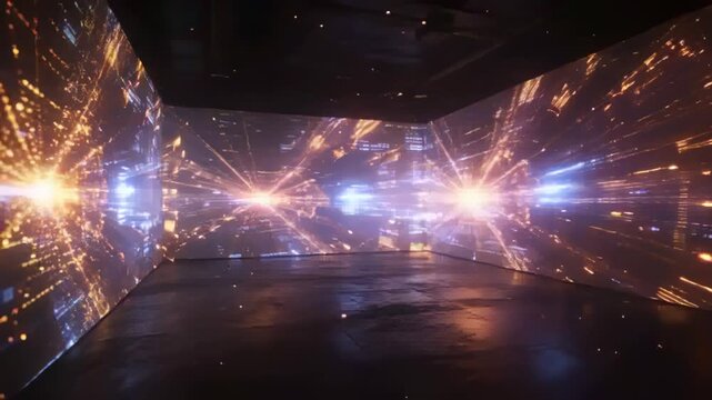 Starting ceiling projector projecting warm starbursts across gallery walls, creating floor glow