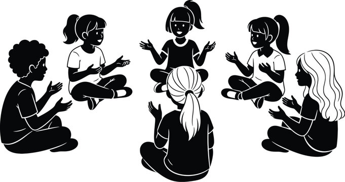 Children's circle silhouette friends talking and sharing in a group setting