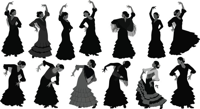 Flamenco dancers silhouette collection spanish dance poses vector illustration